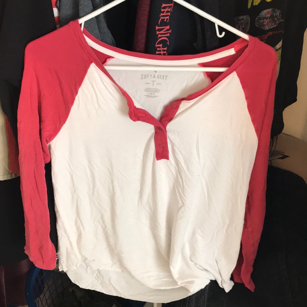 Red and white baseball tee